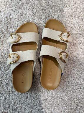 Rothy's Cream Double-Buckle Slide Sandals with Gold Buckles
